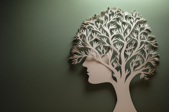 Human head profile with tree representing brain and its neuronal complexity, mental health concept