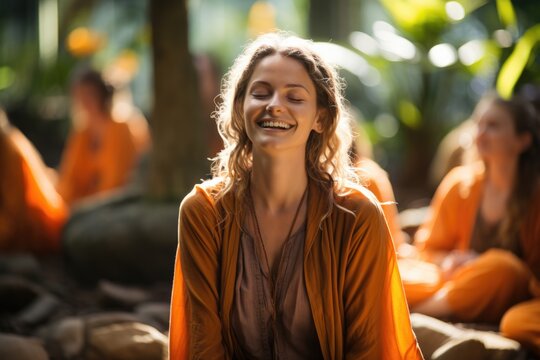 Epilepsy warrior peacefully meditating amidst a supportive circle of friends 