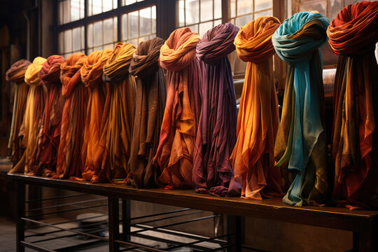 Bright colored female scarfs and shawl in the store