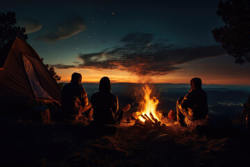 Night summer camping in the mountains, silhouettes of tourists near the fire