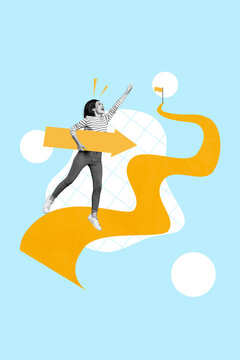 Vertical collage image of excited black white effect girl arm hold arrow pointer jump drawing path destination flag isolated on blue background