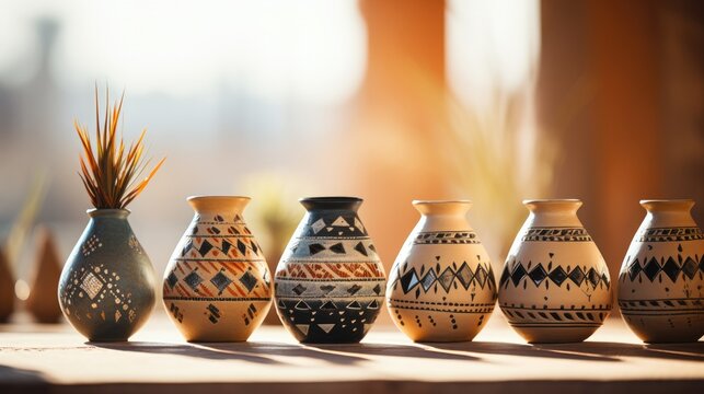 Historical Native American pottery display background with empty space for text 