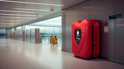 an emergency defibrillator station in an airport - obrazy, fototapety, plakaty