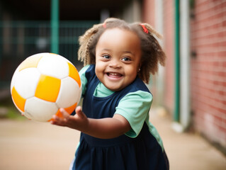 A child with Down syndrome plays with a leather ball