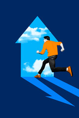 Creative collage picture of positive business guy running into future project startup arrow direction up isolated on blue color background