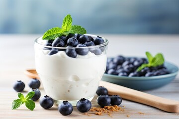 Healthy breakfast with yogurt and blueberries A long banner format for super food vegetarian and vegan options - obrazy, fototapety, plakaty