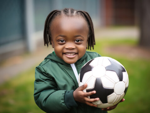 A child with Down syndrome plays with a leather ball