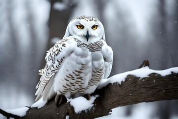 a snowy owl perched on a tree branch 