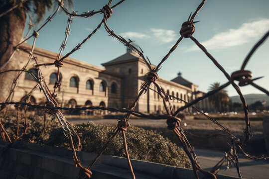 Prison building behind barbed wire