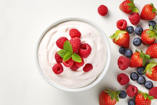 High quality high resolution strawberry yogurt with berries captured from a top down perspective