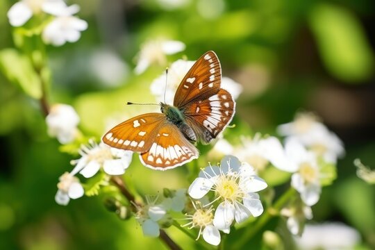 High quality photo of a Braun butterfly with closed wings on a white flower with selective focus
