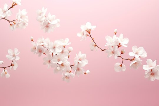 High resolution image of levitating white cherry blossoms in pastel pink background capturing the beauty of spring