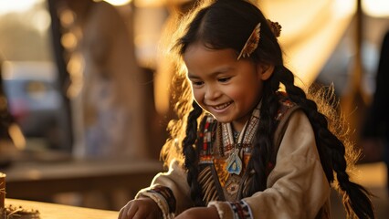Young Native American child in authentic attire learning ancestral crafts  - obrazy, fototapety, plakaty