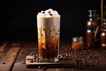Iced coffee in tall glass with cream coffee beans on old rustic wooden table Cold summer drink on...
