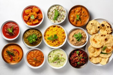 Indian food spread on table including curry samosa biryani dal paneer chapatti naan tikka masala mango lassi Indian dishes for dinner backdrop - obrazy, fototapety, plakaty