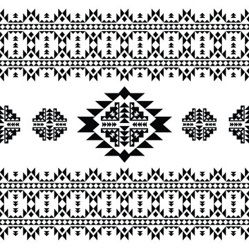 Folk illustration with Aztec and Navajo style. Ethnic print motif. Seamless tribal stripe pattern with geometric ornament background design for textile and fabric. Black and white.