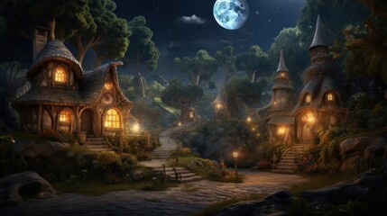 Obraz premium Illustration of path leading to a fairytale village and the trees are tall and majestic, Generative AI