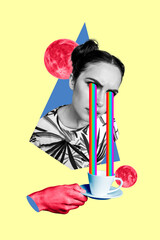 Creative 3d abstract artwork collage of funny young girl cry rainbow flag into mug coffee lgbt...