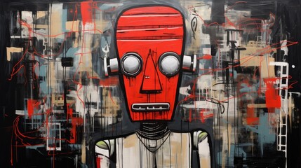 Fototapeta premium Illustration of urban street art painting on wall graffiti , robot and city