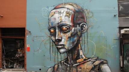 Illustration of urban street art painting on wall graffiti , robot and city