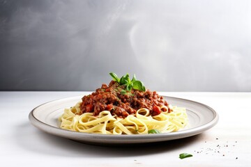 Italian pasta dish with bolognese sauce made from meat and tomato on a light grey background with copy space - obrazy, fototapety, plakaty
