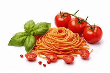 Italian linguini pasta with tomatoes and basil photographed from multiple angles on a white background