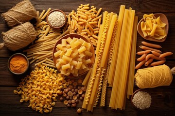 Italian pasta types on rustic background seen from above