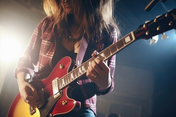 Obraz premium Rock woman singer with guitar stand and performing on stage, Generative AI