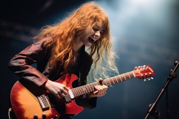 Obraz premium Rock woman singer with guitar stand and performing on stage, Generative AI