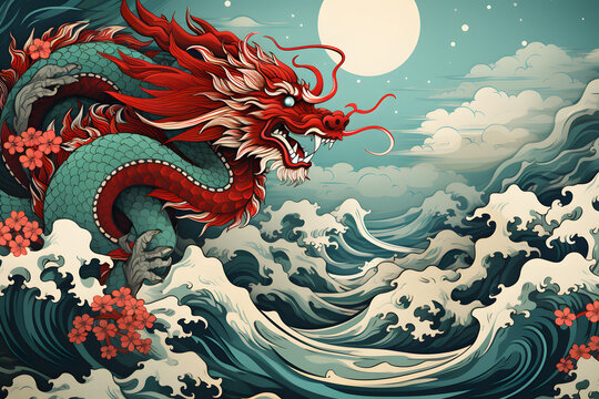 Vintige illustration of chinese dragon ai generated art. 