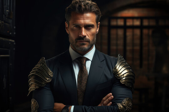 Young male businessman in a suit and armor. Business protection, career growth, competition concept