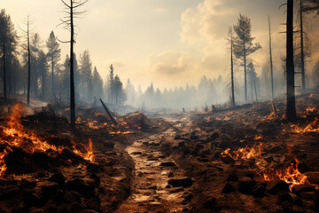 Burning forest, fire and smoke, natural disaster