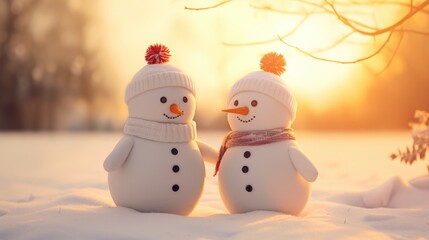 Illustration of Merry christmas and happy new year greeting card with happy snowman standing in christmas landscape.