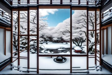 Beautiful snowy Japanese Zen garden viewed from inside panorama window room in winter.