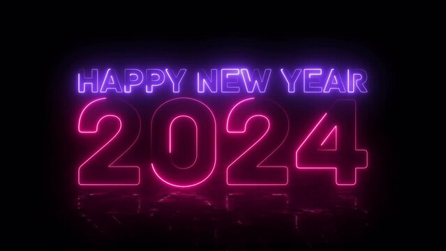 Happy New Year 2024 greeting. Bright pink and purple neon glowing numbers. Text in English with floor reflection. Cosmic vibrant colours. Horizontal moving lines on black background.