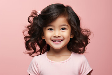 Healthy happy funny smiling face of a little Asian girl on a pink background