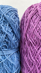 Ball of summer yarn, cotton linen yarn, blue yarn closeup, thin crochet yarn, natural thread