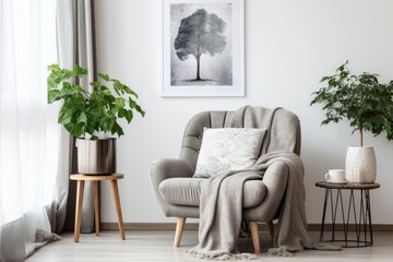Comfortable armchair blanket houseplant and picture. Wall interior furniture decor room style. Generate Ai