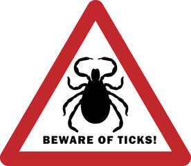 Beware of ticks. Warning triangle sign. Warning of the infection risk from a tick bite. Black mite