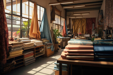 Multi-colored fabrics in a fabric store - obrazy, fototapety, plakaty