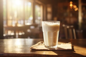 A creamy glass of malted milk highlighted by the gentle sun rays on a quaint cafe table