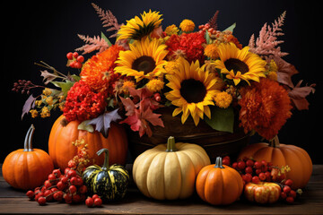 Naklejka na ściany i meble Pumpkins and flowers, concept of autumn, thanksgiving day