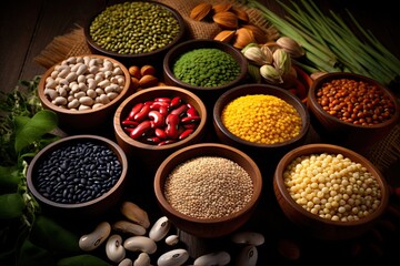 Multiple types of cereal grain food products made from rice black eye peas sunflower pumpkin soybean and various bean seeds