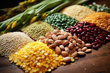 Natural grains and cereals like green bean soybean red bean rice wheat and millet serve as food raw materials and agricultural products - obrazy, fototapety, plakaty