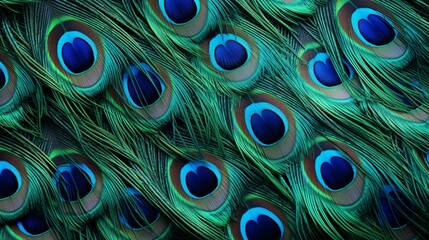 A close-up of intricate peacock feathers, with each feather displaying a stunning array of iridescent blues and greens. The feather patterns are detailed and mesmerizing.