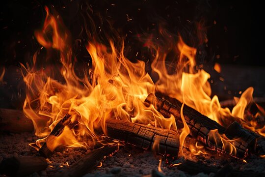 Night bonfire with sparks scattering in all directions brightly burning flames against a dark background