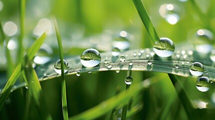 A close-up of dew-kissed blades of grass, each one adorned with delicate droplets, glistening like nature's own jewels