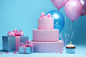 Pink cake with balloons and gift