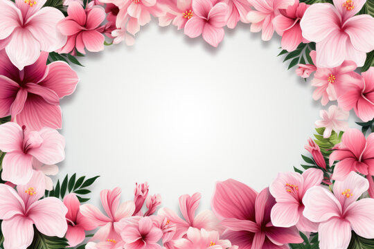 Frame with pink and white flower buds, flat lay, top view
