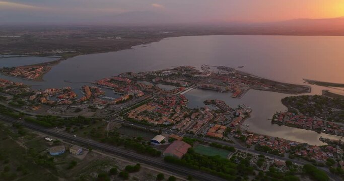Drone view of the Leucate tourist spot on the Mediterranean Sea, southern France, in summer, during the height of the tourist season. A place for families with children